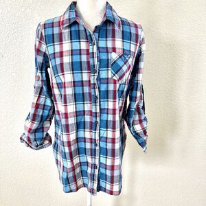 XXI Shirt Size Small Women's Blue Pink White Plaid Button Up Long Sleeve Top